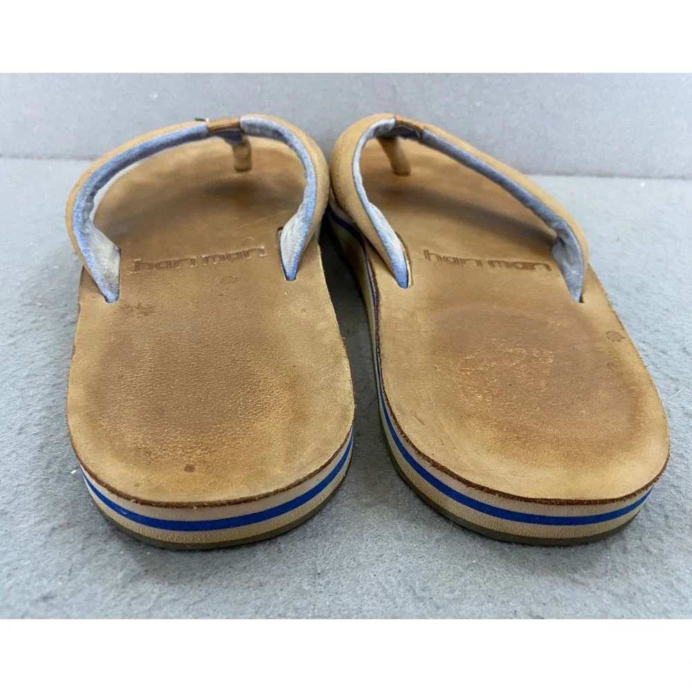 Hari Mari Fields Men 7 Tan Nubuck Leather Flip Flops Navy Blue Stripe Sandals